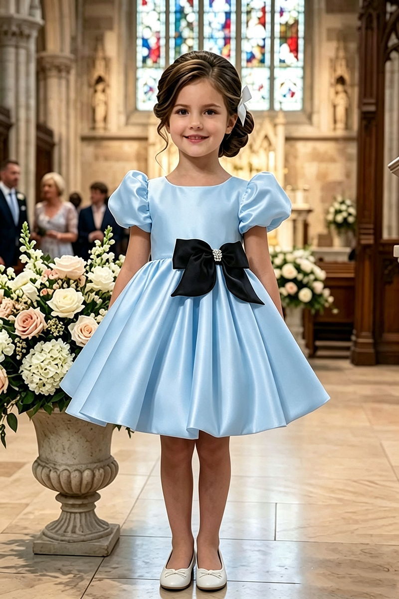 Girls White Satin Flower Girl Dress for Weddings with Black Bow Accent