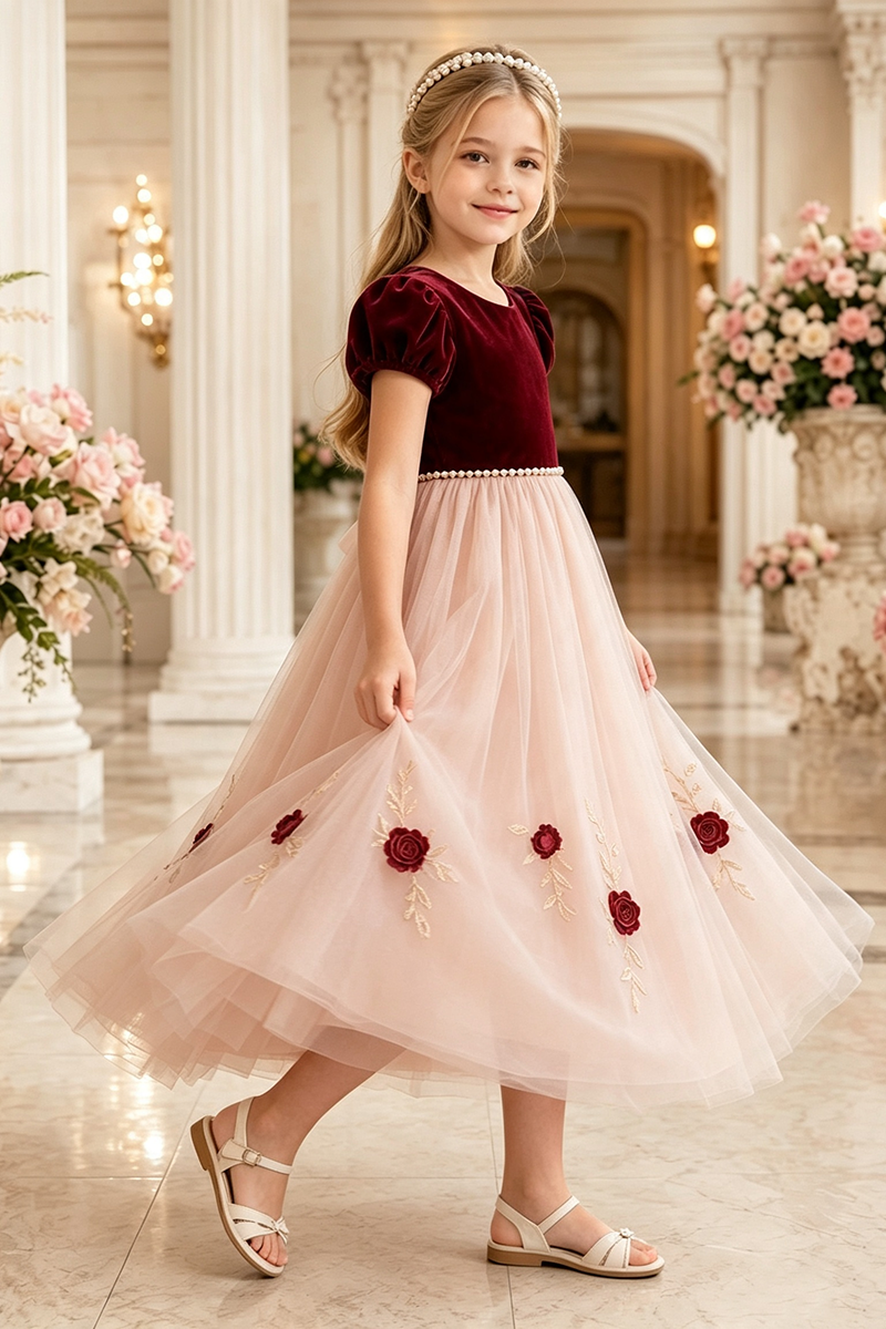 Girls Burgundy Velvet Tulle Flower Girl Dress for Weddings with Floral Embroidery