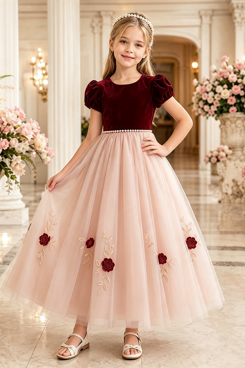 Girls Burgundy Velvet Tulle Flower Girl Dress for Weddings with Floral Embroidery