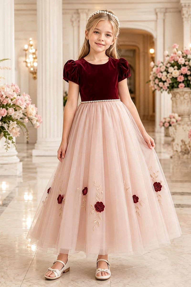 Girls Burgundy Velvet Tulle Flower Girl Dress for Weddings with Floral Embroidery
