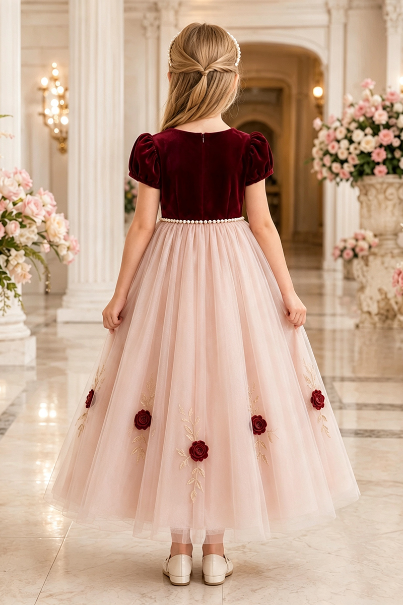 Girls Burgundy Velvet Tulle Flower Girl Dress for Weddings with Floral Embroidery