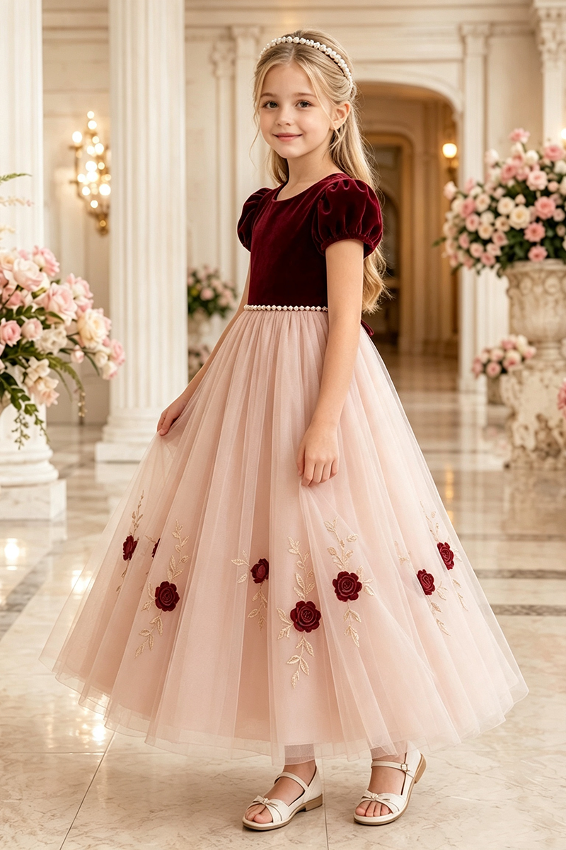 Girls Burgundy Velvet Tulle Flower Girl Dress for Weddings with Floral Embroidery