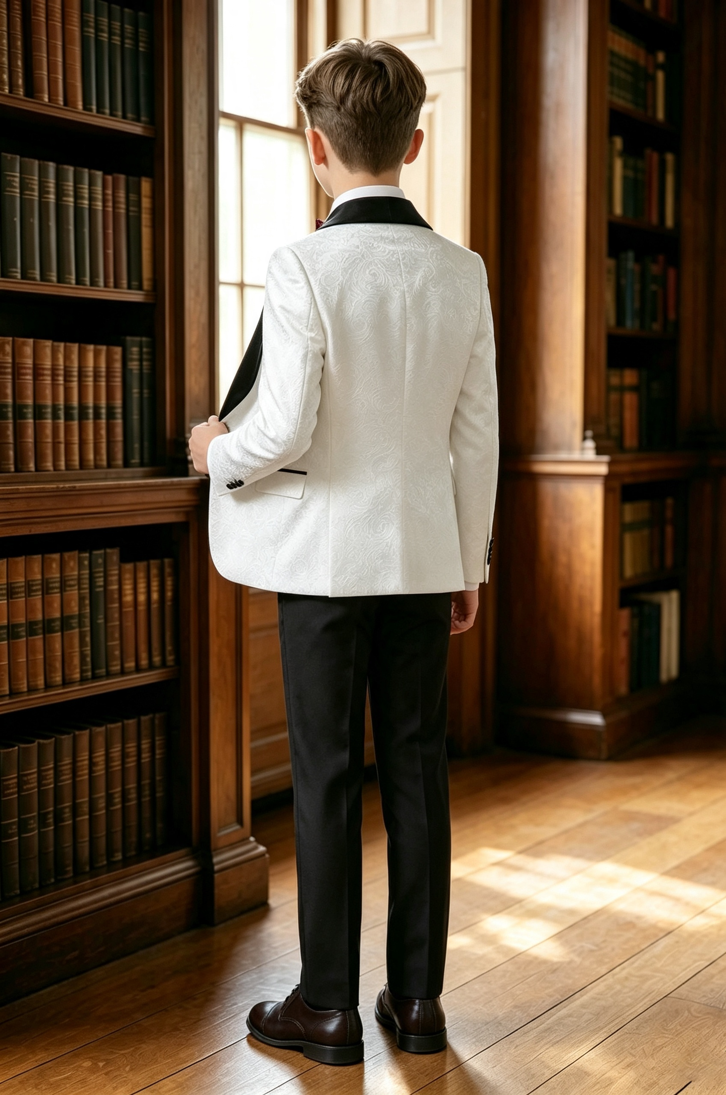 White Jacquard Black Satin Serge?Blend 3?Piece Formal Suit