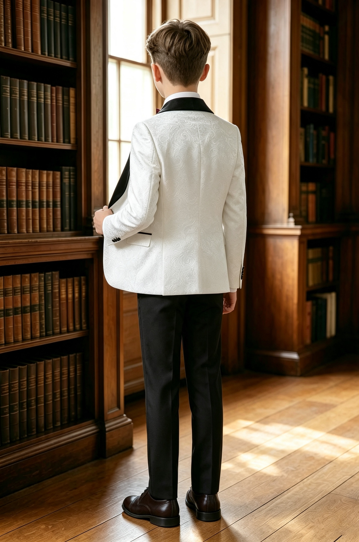 White Jacquard Black Satin Serge?Blend 3?Piece Formal Suit