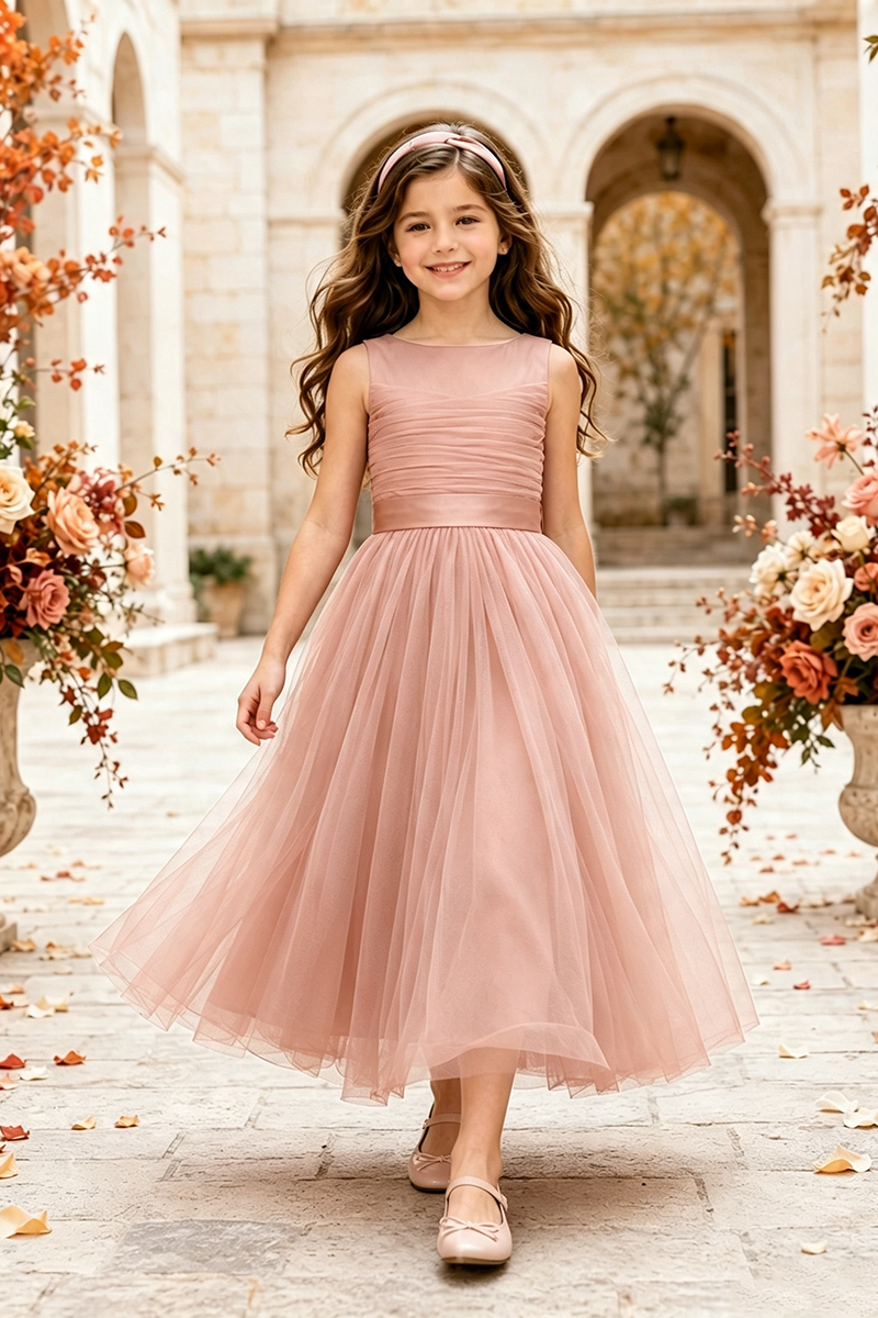 Girls Terracotta Tulle Flower Girl Dress for Weddings with Ruched Bodice Detail