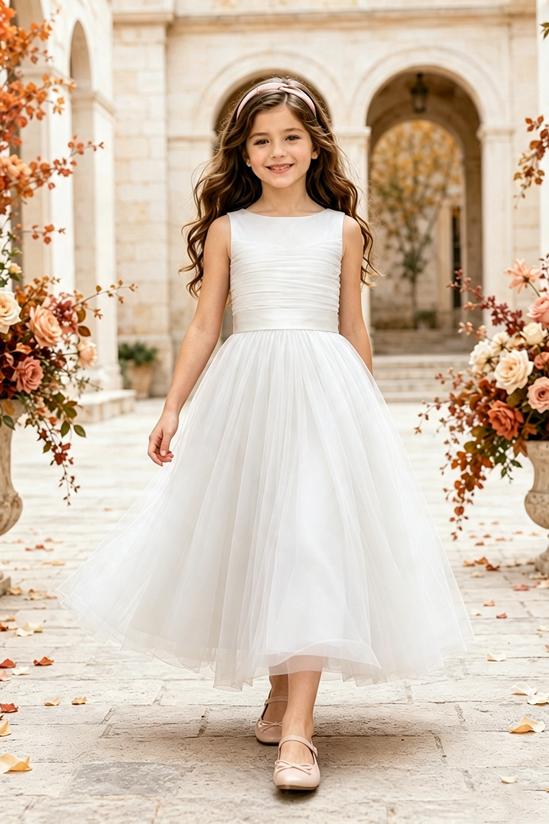 Girls Terracotta Tulle Flower Girl Dress for Weddings with Ruched Bodice Detail