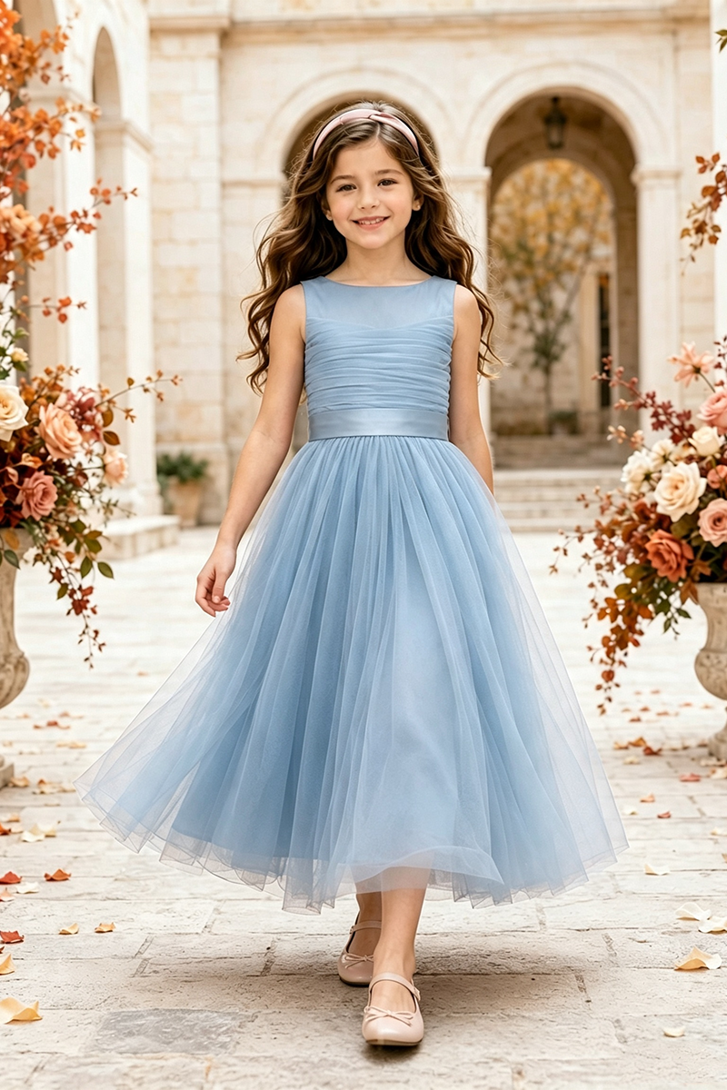 Girls Terracotta Tulle Flower Girl Dress for Weddings with Ruched Bodice Detail