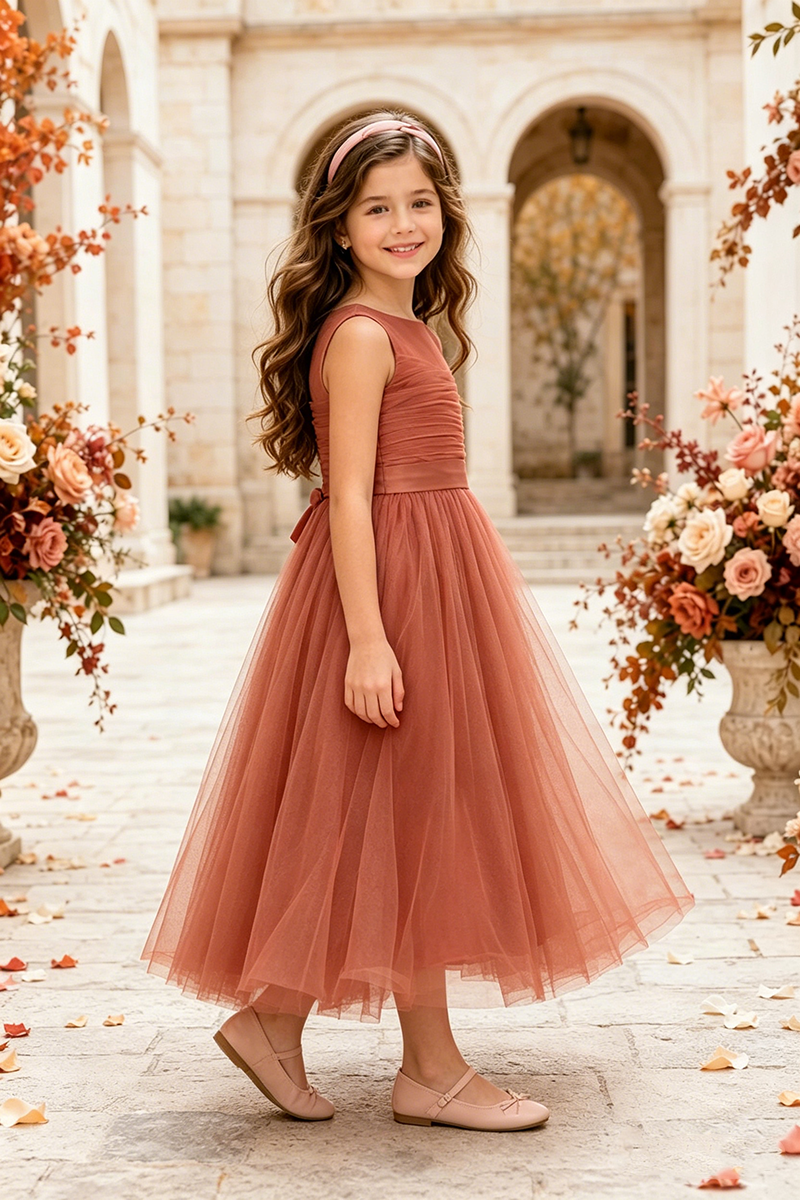 Girls Terracotta Tulle Flower Girl Dress for Weddings with Ruched Bodice Detail
