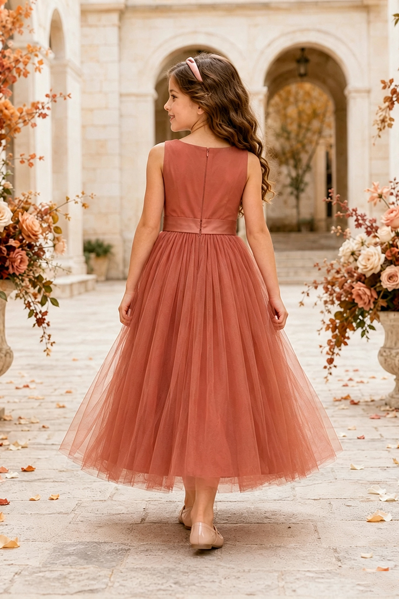Girls Terracotta Tulle Flower Girl Dress for Weddings with Ruched Bodice Detail