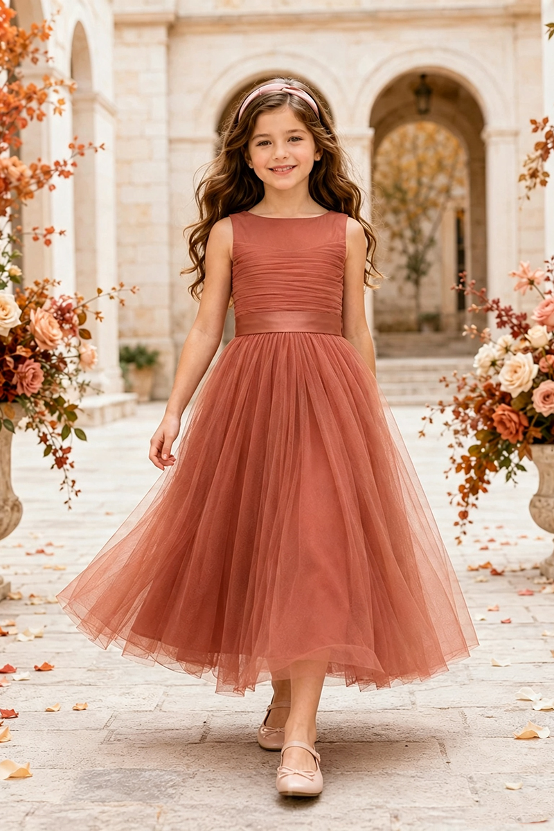 Girls Terracotta Tulle Flower Girl Dress for Weddings with Ruched Bodice Detail