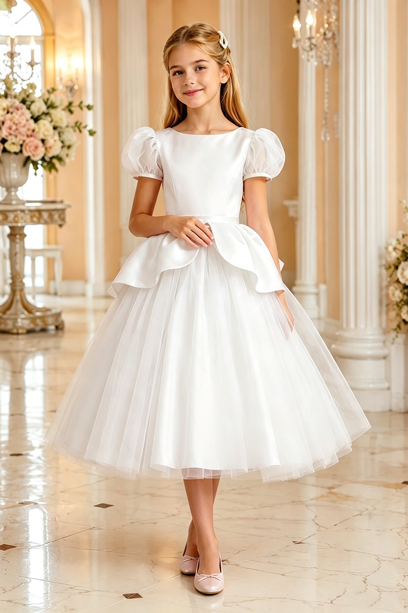 Girls Pink Satin Tulle Flower Girl Dress for Weddings with Back Bow Detail
