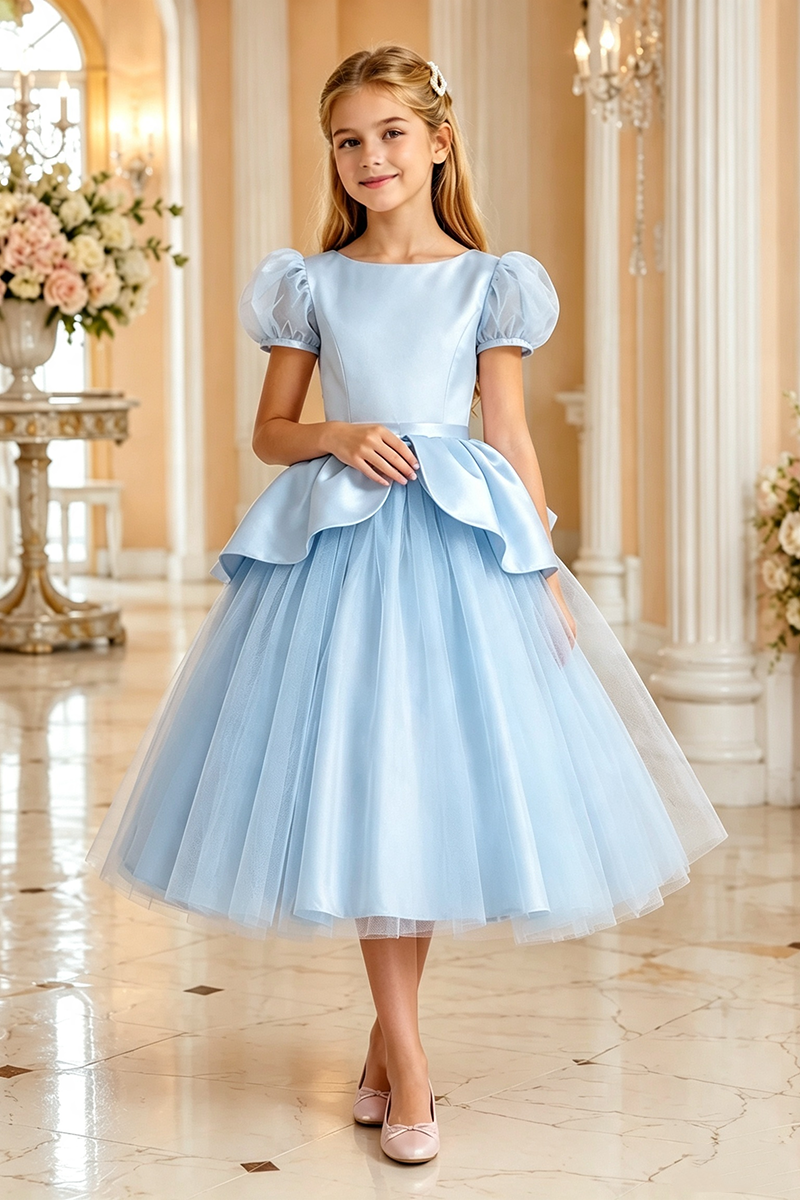 Girls Pink Satin Tulle Flower Girl Dress for Weddings with Back Bow Detail