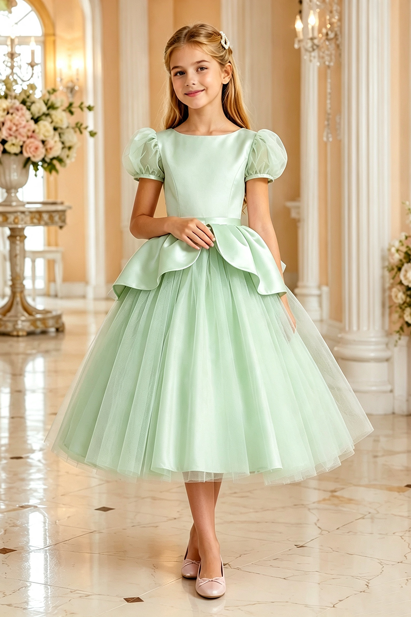 Girls Pink Satin Tulle Flower Girl Dress for Weddings with Back Bow Detail