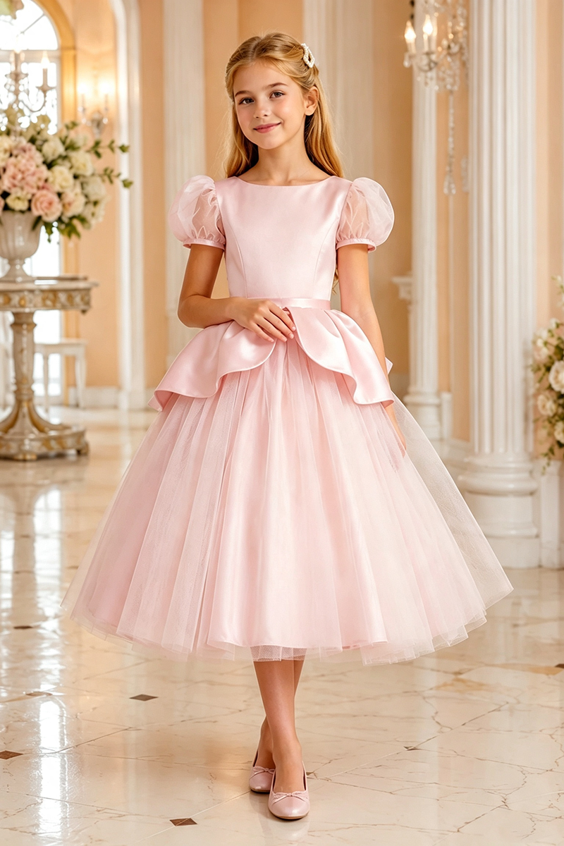 Girls Pink Satin Tulle Flower Girl Dress for Weddings with Back Bow Detail
