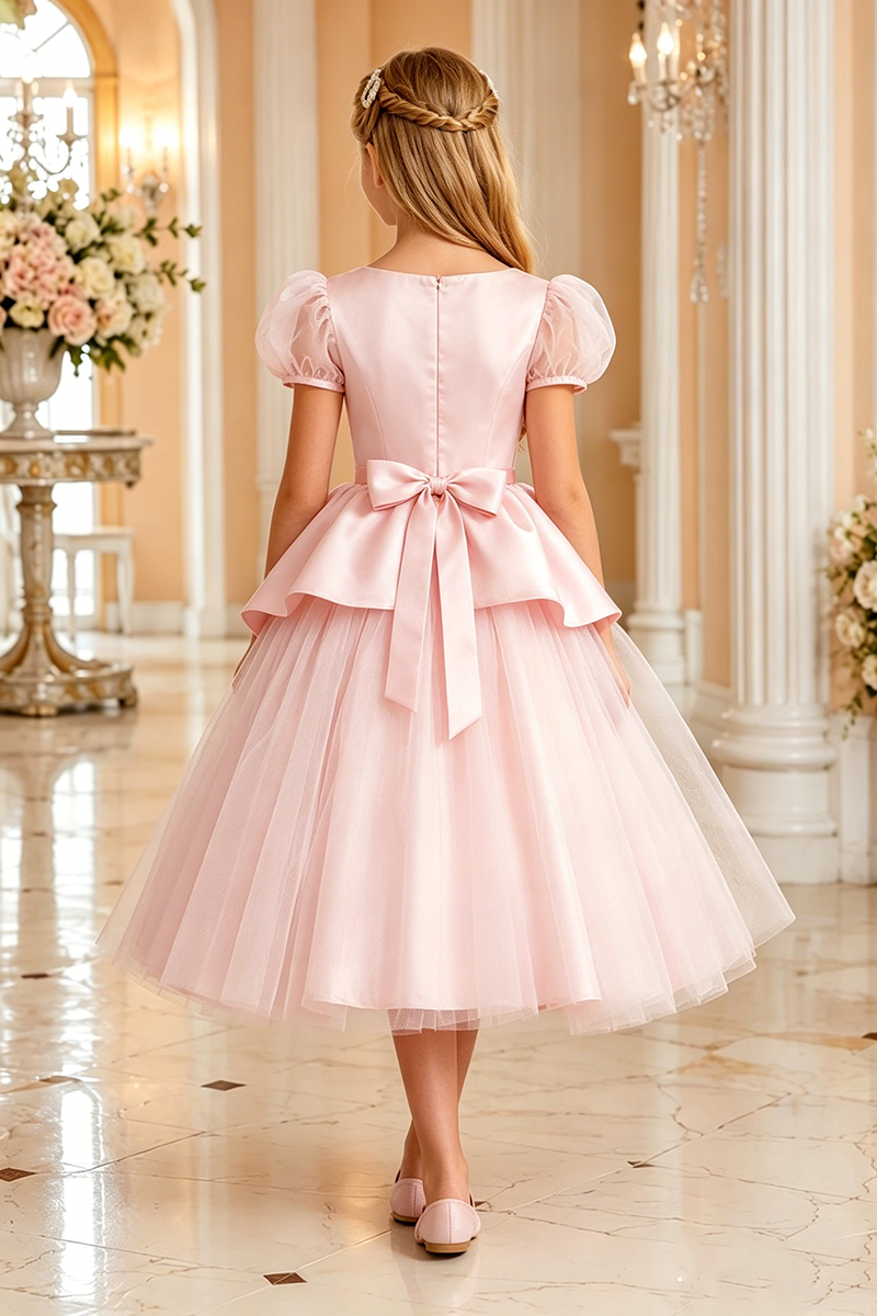 Girls Pink Satin Tulle Flower Girl Dress for Weddings with Back Bow Detail