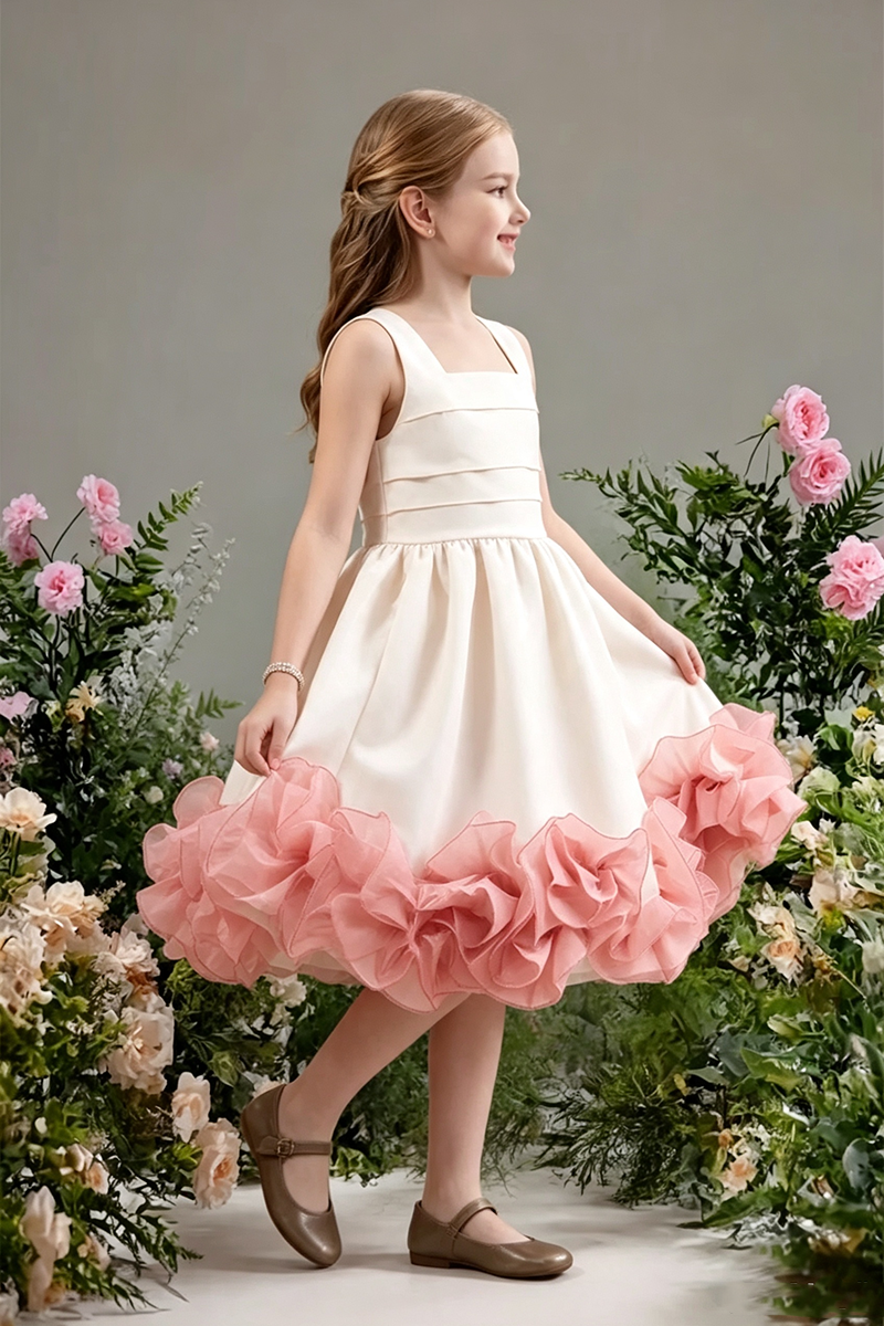 Girls Ivory Satin Flower Girl Dress for Weddings with Voluminous Pink Ruffle Hem