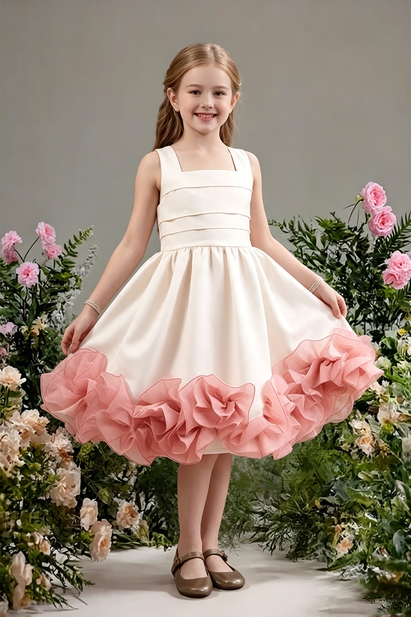 Girls Ivory Satin Flower Girl Dress for Weddings with Voluminous Pink Ruffle Hem