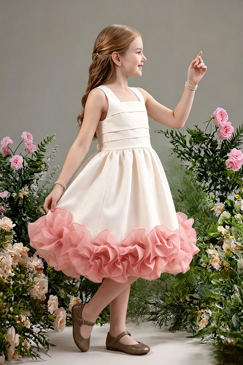 Girls Ivory Satin Flower Girl Dress for Weddings with Voluminous Pink Ruffle Hem
