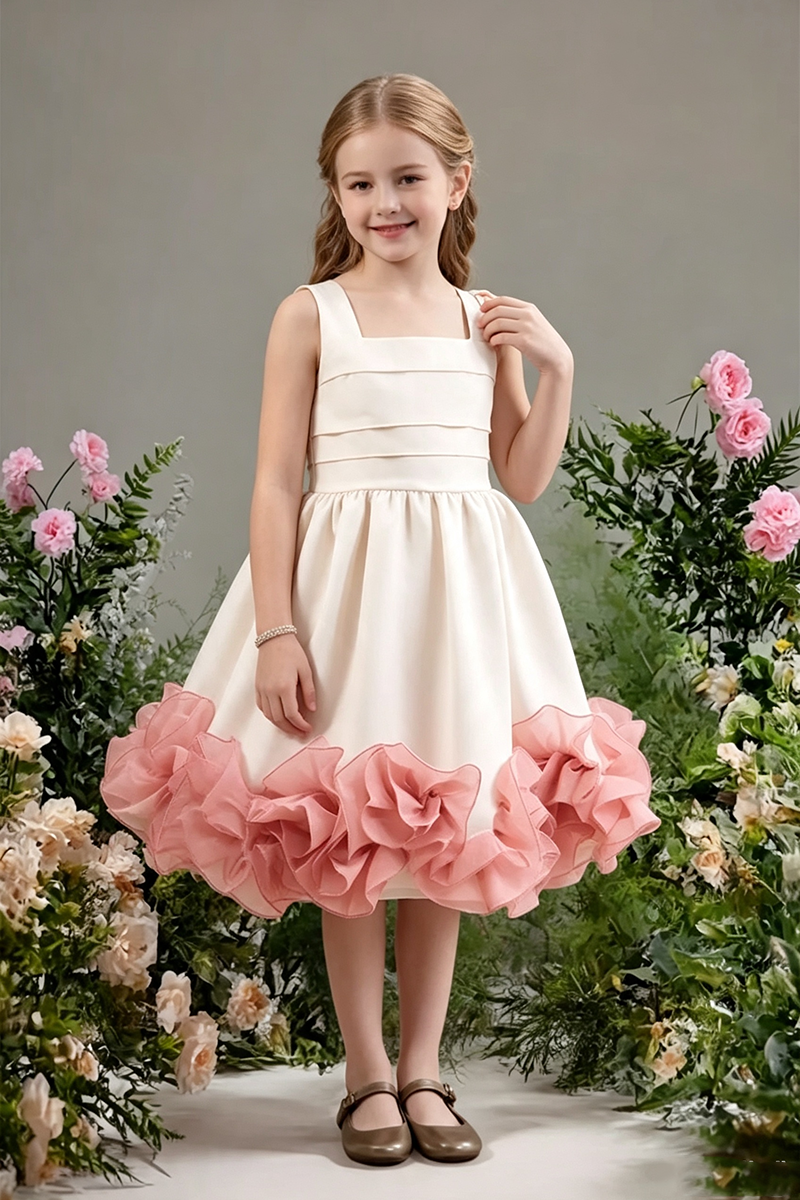 Girls Ivory Satin Flower Girl Dress for Weddings with Voluminous Pink Ruffle Hem