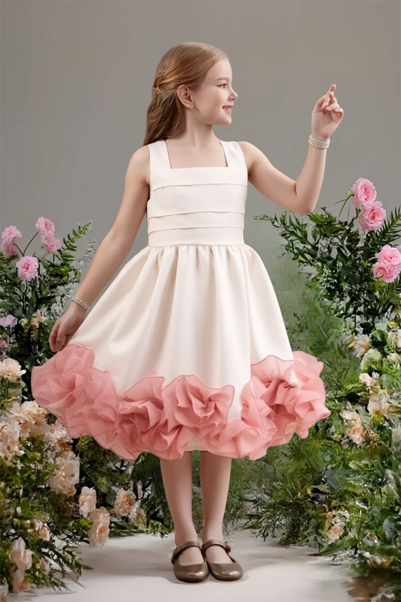 Girls Ivory Satin Flower Girl Dress for Weddings with Voluminous Pink Ruffle Hem