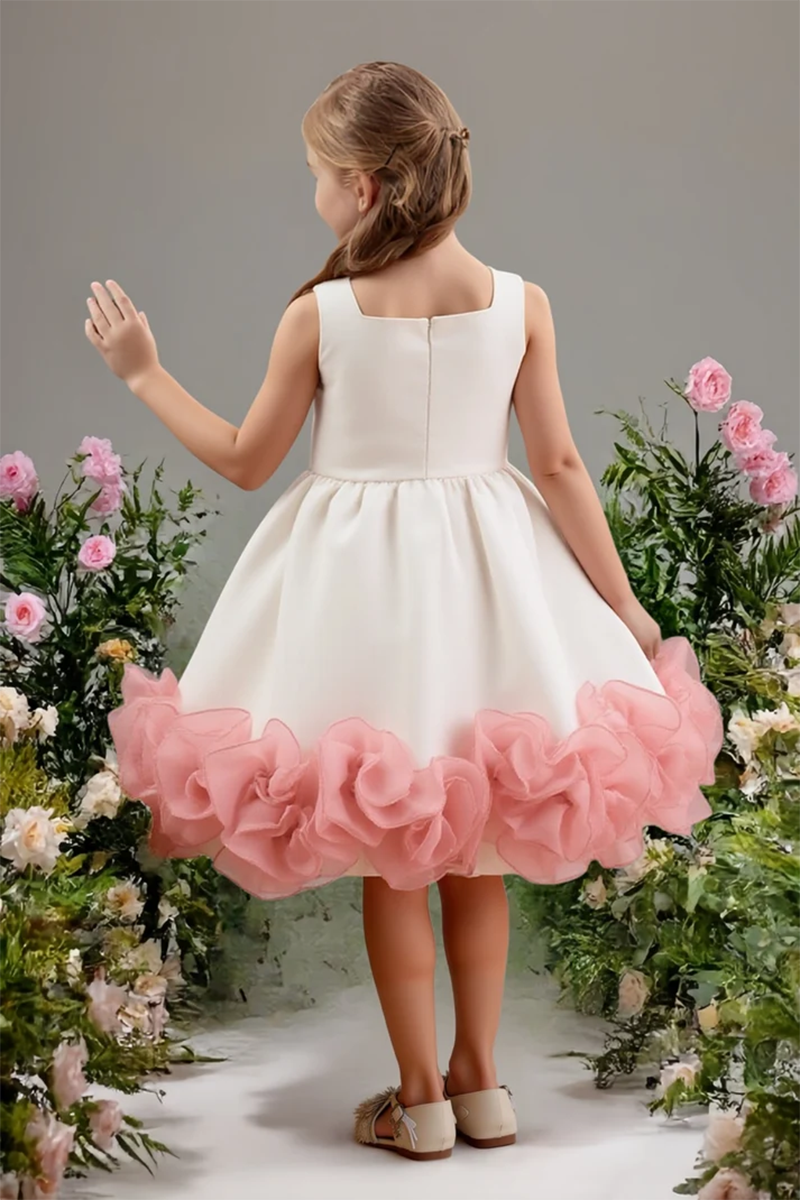 Girls Ivory Satin Flower Girl Dress for Weddings with Voluminous Pink Ruffle Hem