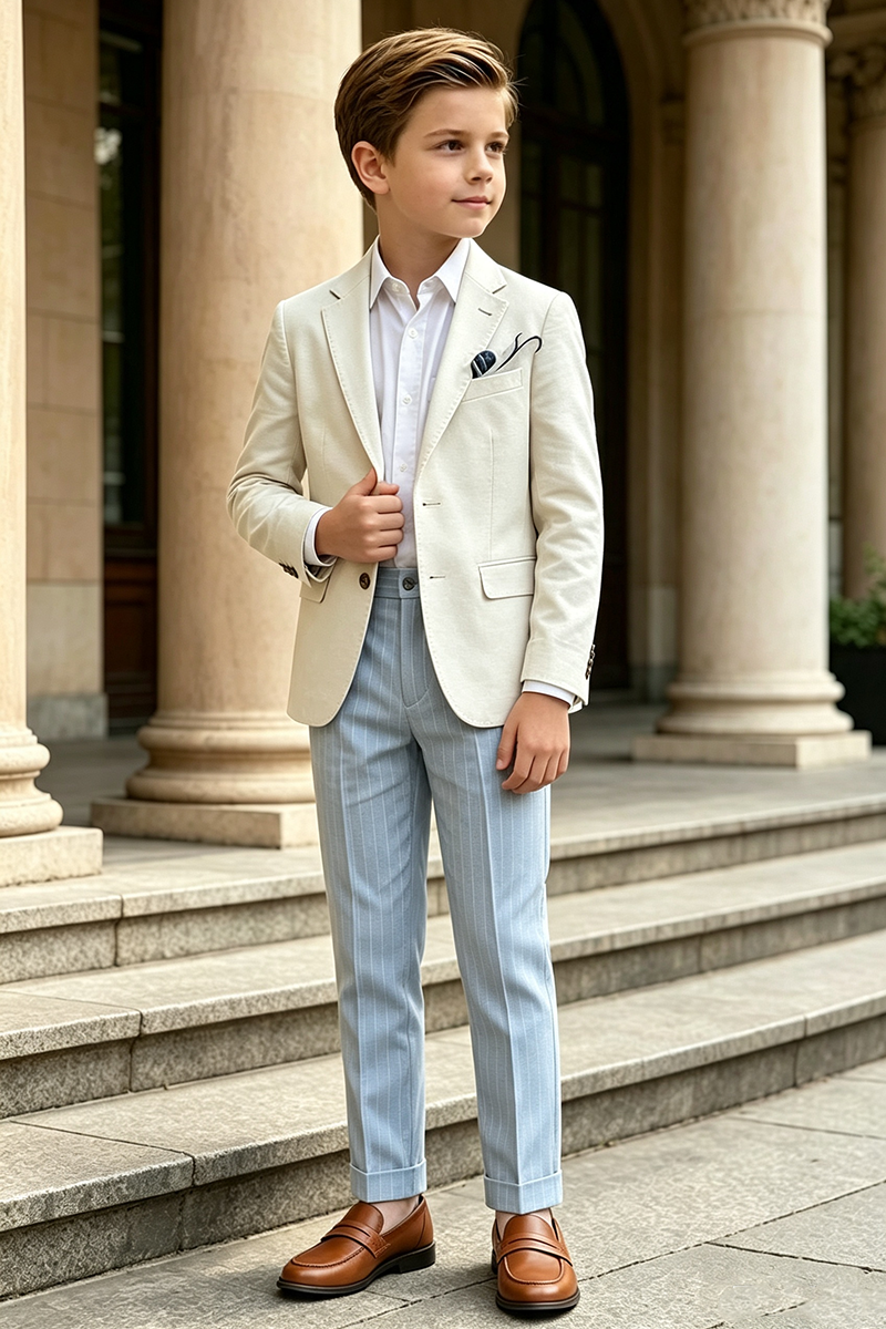 Boys Beige Linen?Blend Blazer & Light Blue Pinstripe Trousers 2-Piece Suit for Weddings