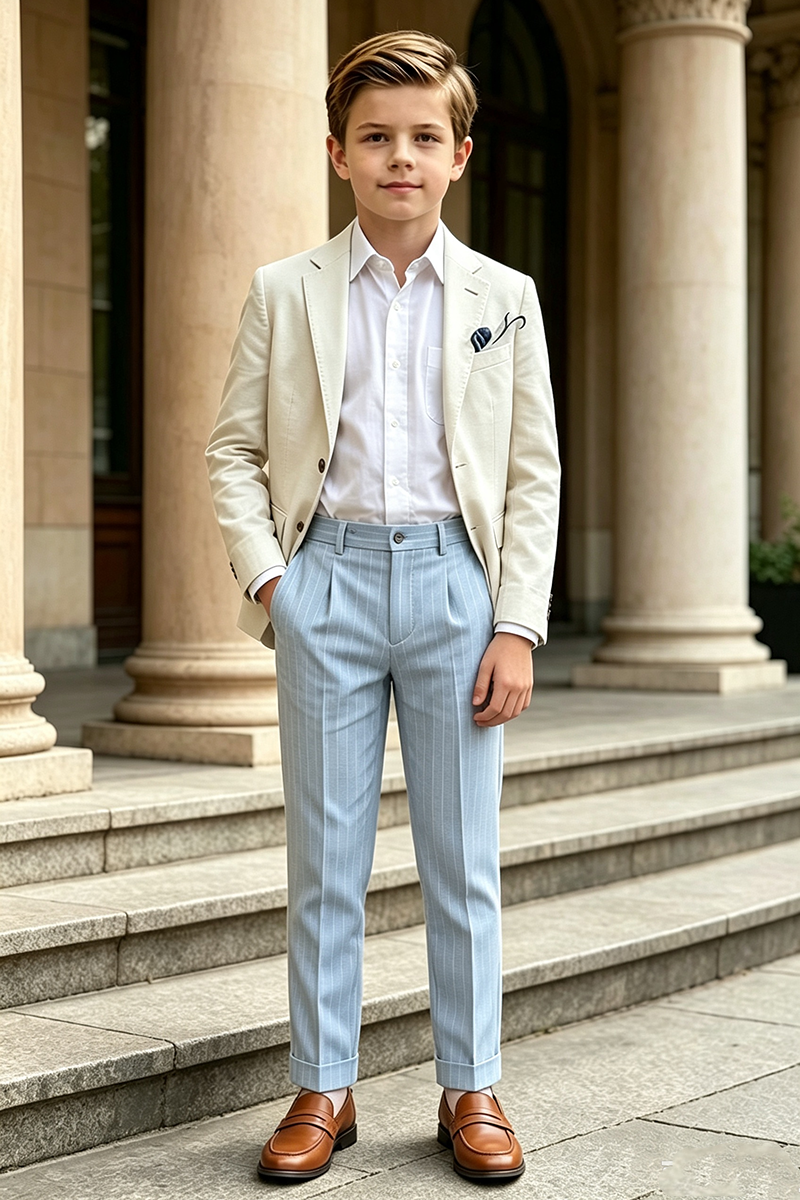 Boys Beige Linen?Blend Blazer & Light Blue Pinstripe Trousers 2-Piece Suit for Weddings