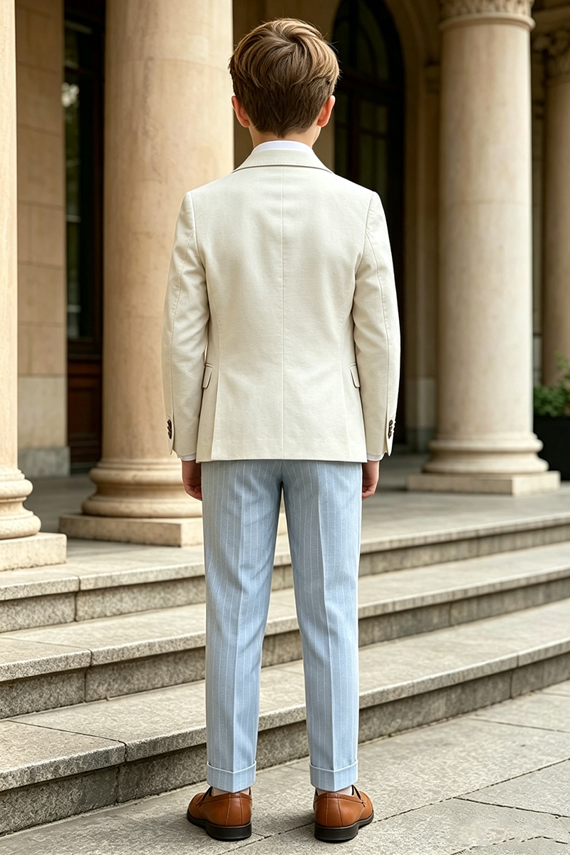 Boys Beige Linen?Blend Blazer & Light Blue Pinstripe Trousers 2-Piece Suit for Weddings