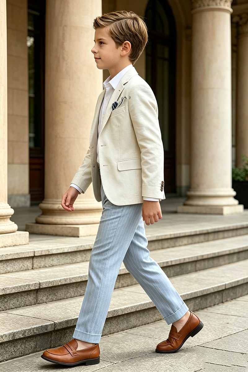 Boys Beige Linen?Blend Blazer & Light Blue Pinstripe Trousers 2-Piece Suit for Weddings