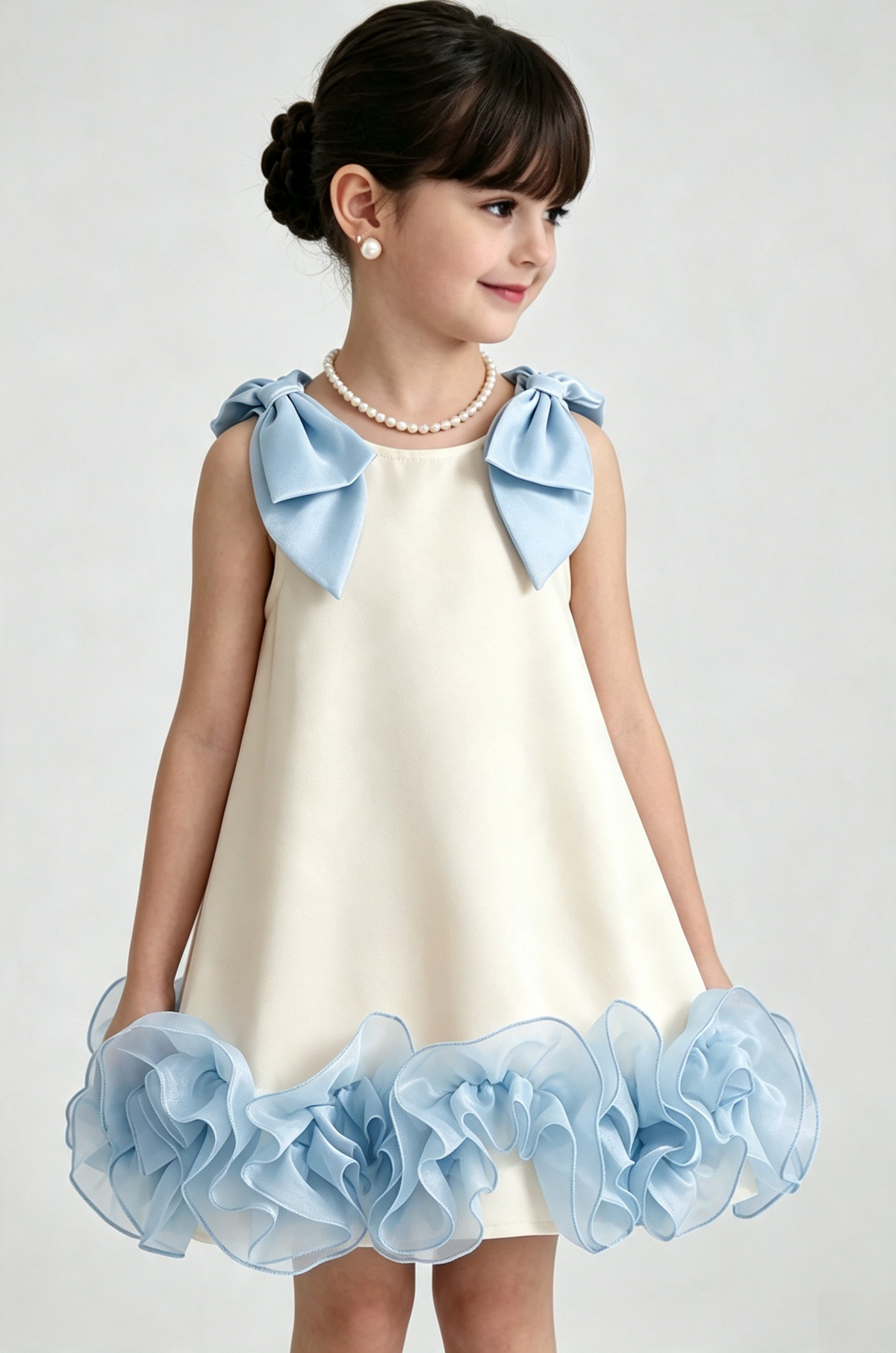 Cream Pink Chiffon Shoulder Bows Ruffle Hem Dress