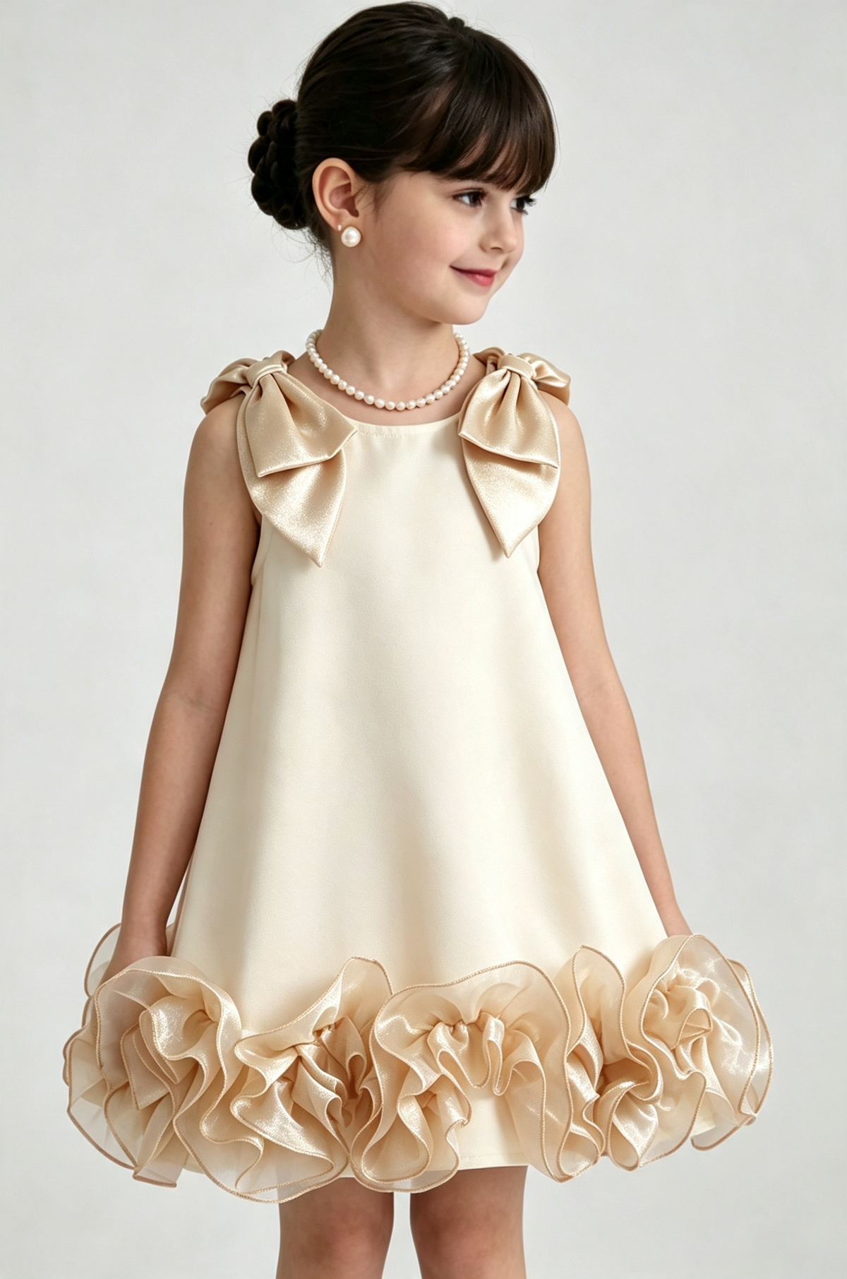 Cream Pink Chiffon Shoulder Bows Ruffle Hem Dress