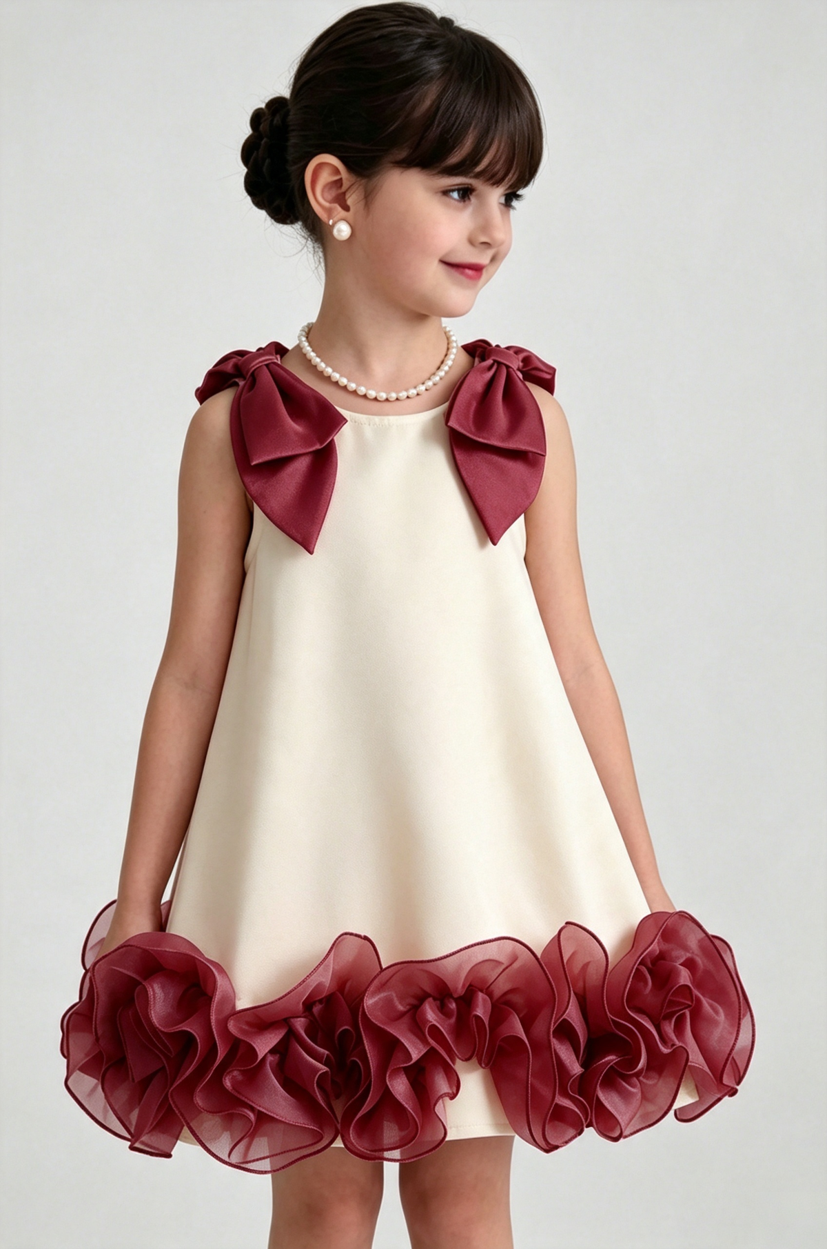 Cream Pink Chiffon Shoulder Bows Ruffle Hem Dress