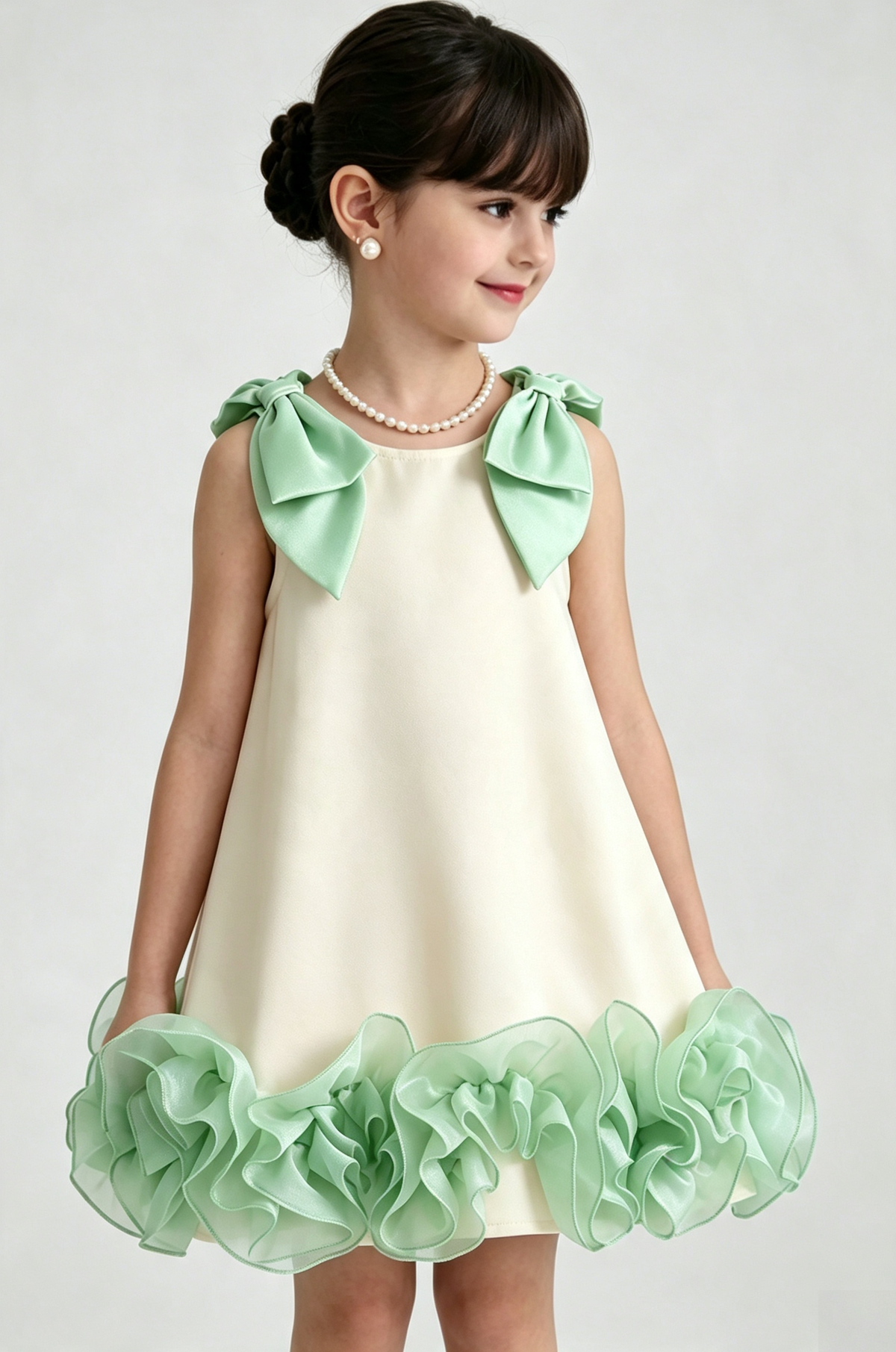 Cream Pink Chiffon Shoulder Bows Ruffle Hem Dress