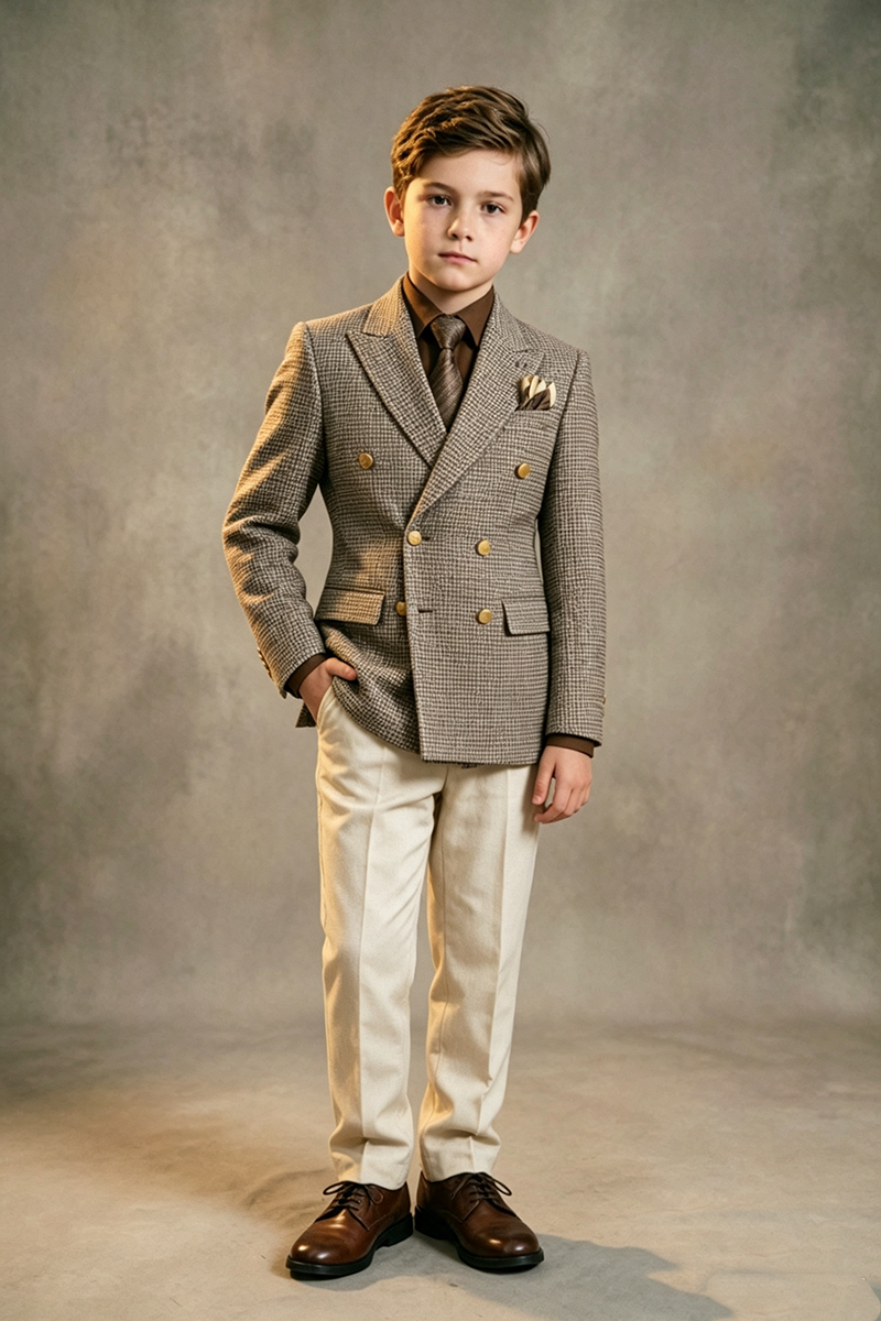 Boys Tweed Double?Breasted Blazer & Ivory Trousers 2-Piece Suit for Wedding