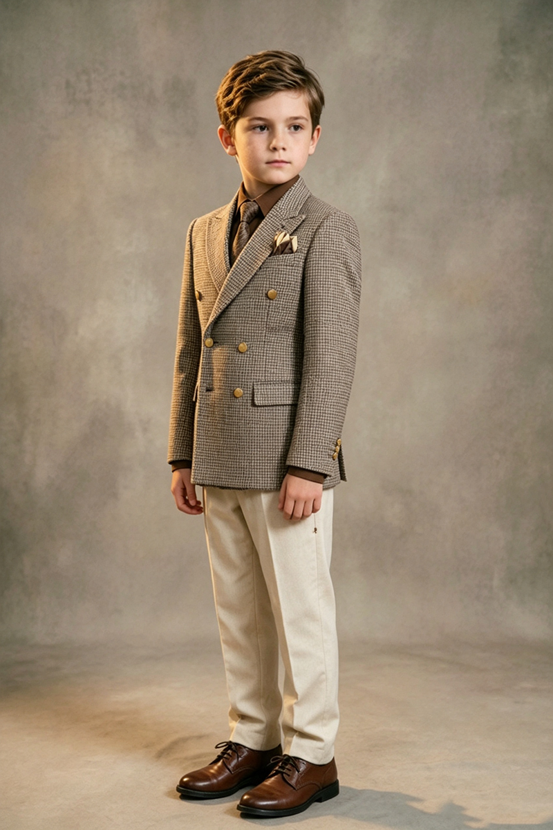 Boys Tweed Double?Breasted Blazer & Ivory Trousers 2-Piece Suit for Wedding