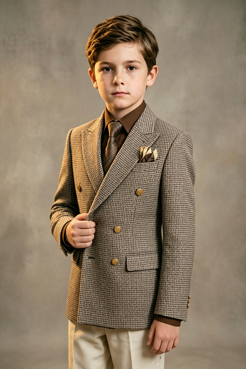 Boys Tweed Double?Breasted Blazer & Ivory Trousers 2-Piece Suit for Wedding