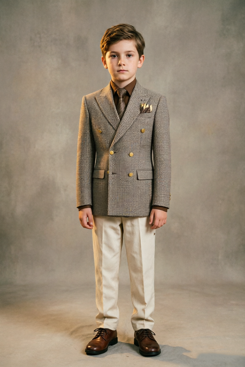 Boys Tweed Double?Breasted Blazer & Ivory Trousers 2-Piece Suit for Wedding