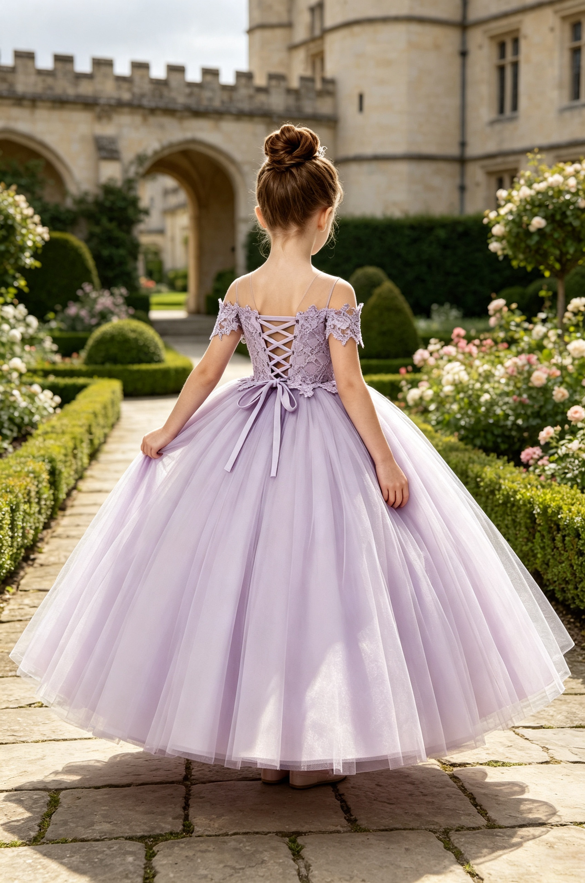 Lavender Off‑The‑Shoulder Lace Tulle Ball Dress