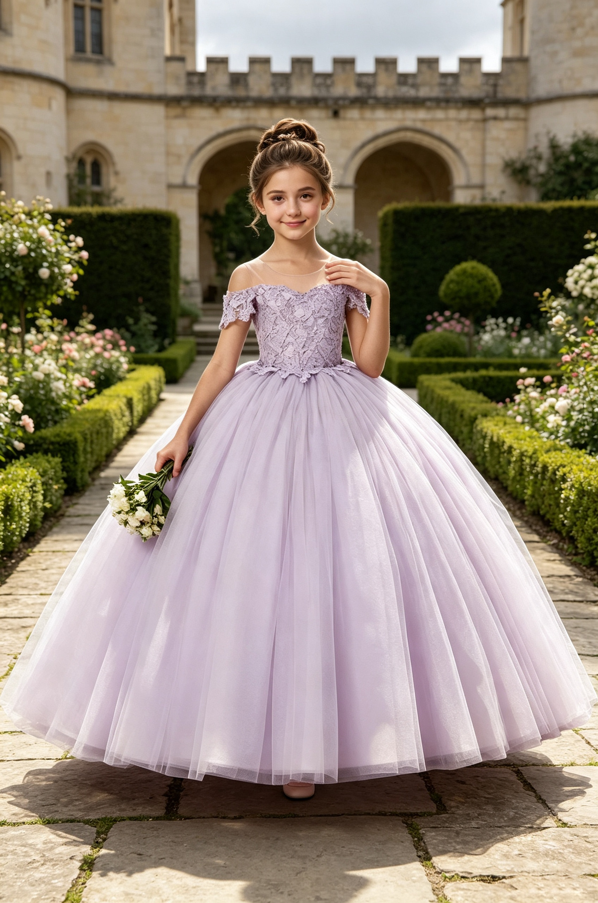 Lavender Off‑The‑Shoulder Lace Tulle Ball Dress