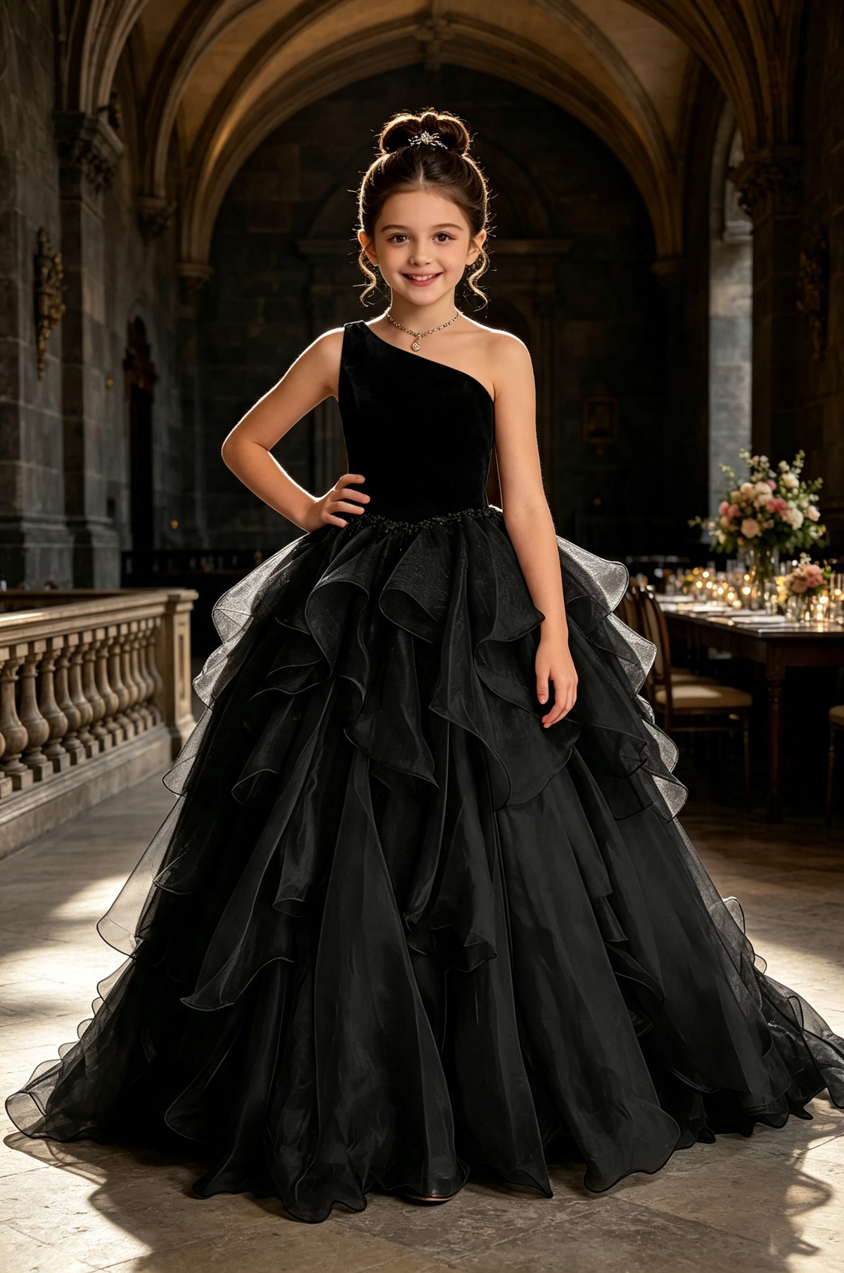 Burgundy One‑Shoulder Velvet Organza Pageant Ball Gown for Girls