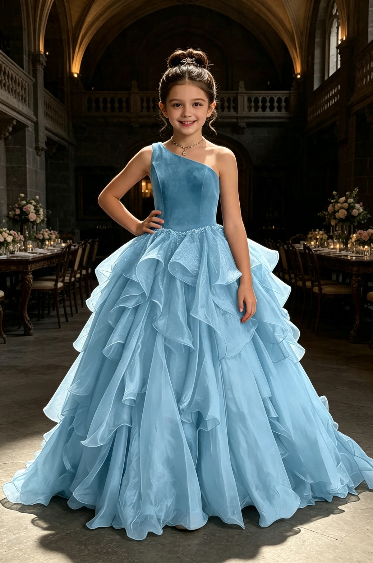 Burgundy One‑Shoulder Velvet Organza Pageant Ball Gown for Girls