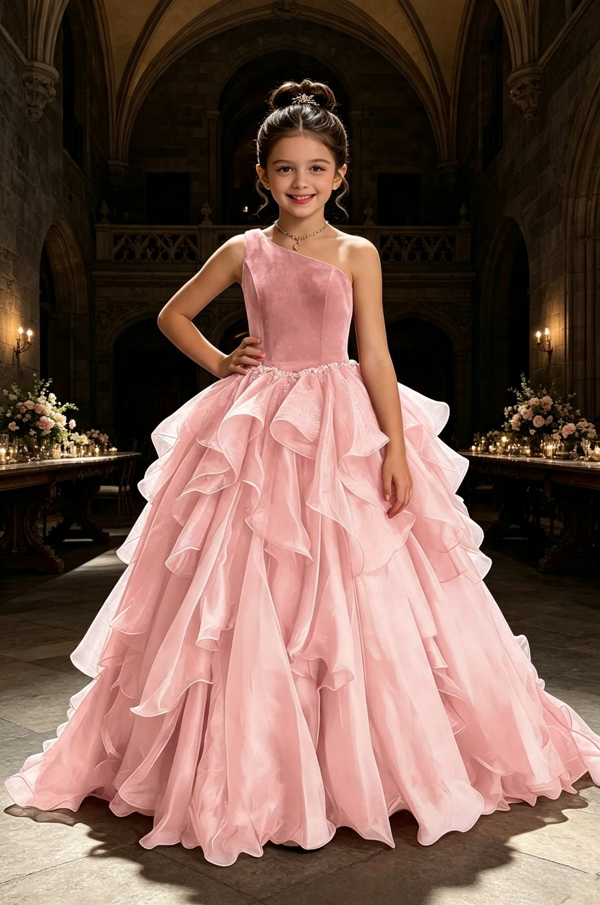 Burgundy One‑Shoulder Velvet Organza Pageant Ball Gown for Girls