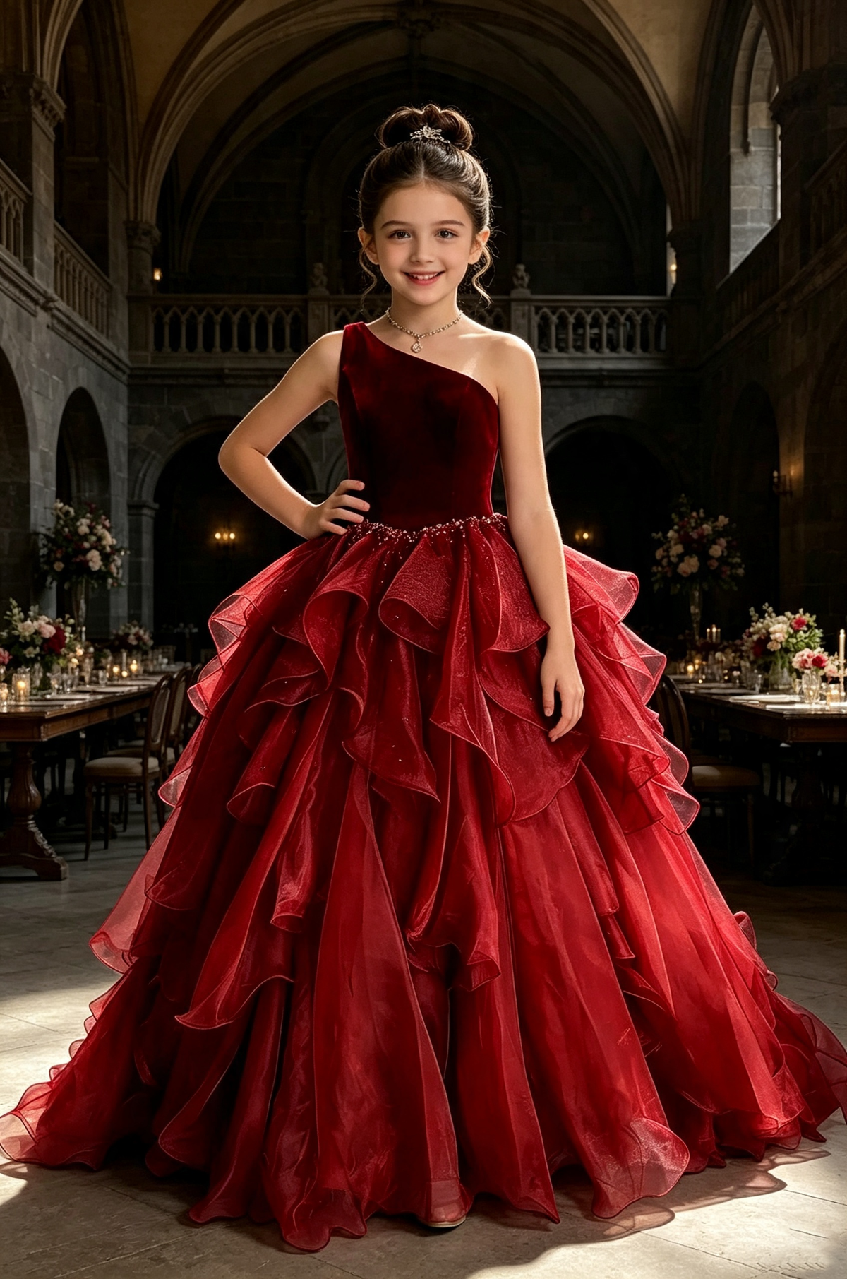 Burgundy One‑Shoulder Velvet Organza Pageant Ball Gown for Girls