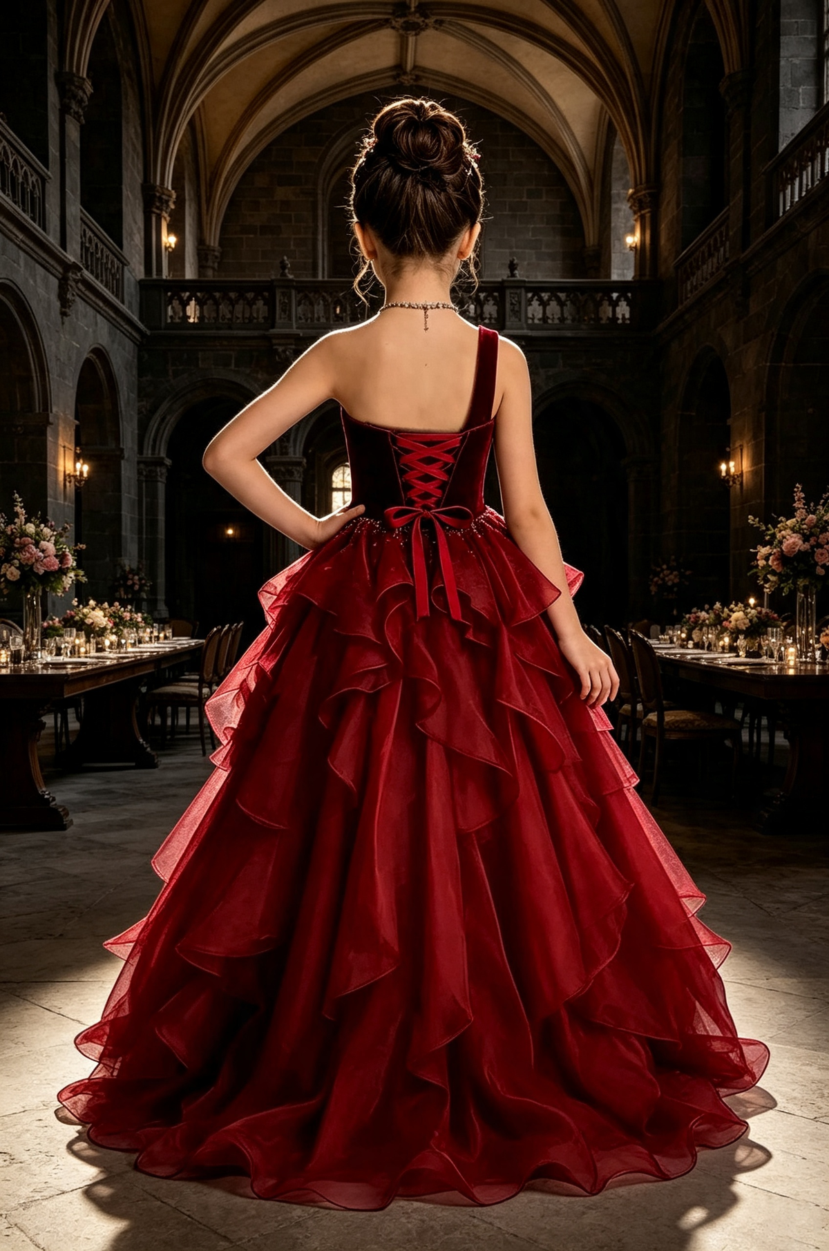 Burgundy One‑Shoulder Velvet Organza Pageant Ball Gown for Girls