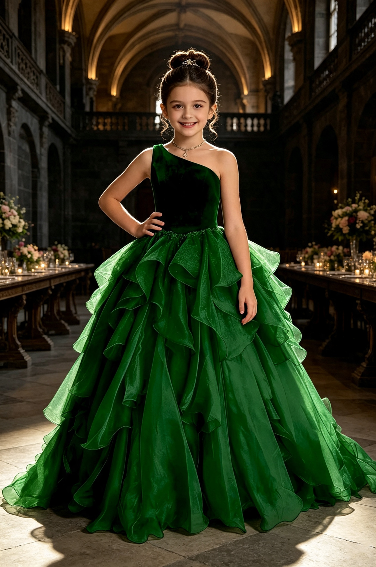 Burgundy One‑Shoulder Velvet Organza Pageant Ball Gown for Girls
