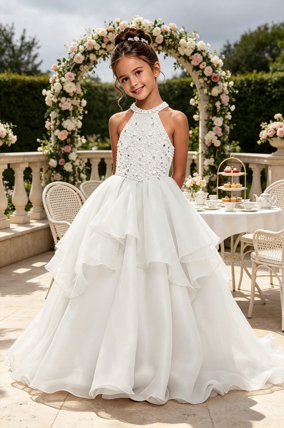 Sky‑Blue Halter Neck Rhinestone Organza A‑Line Pageant Gown for Girls