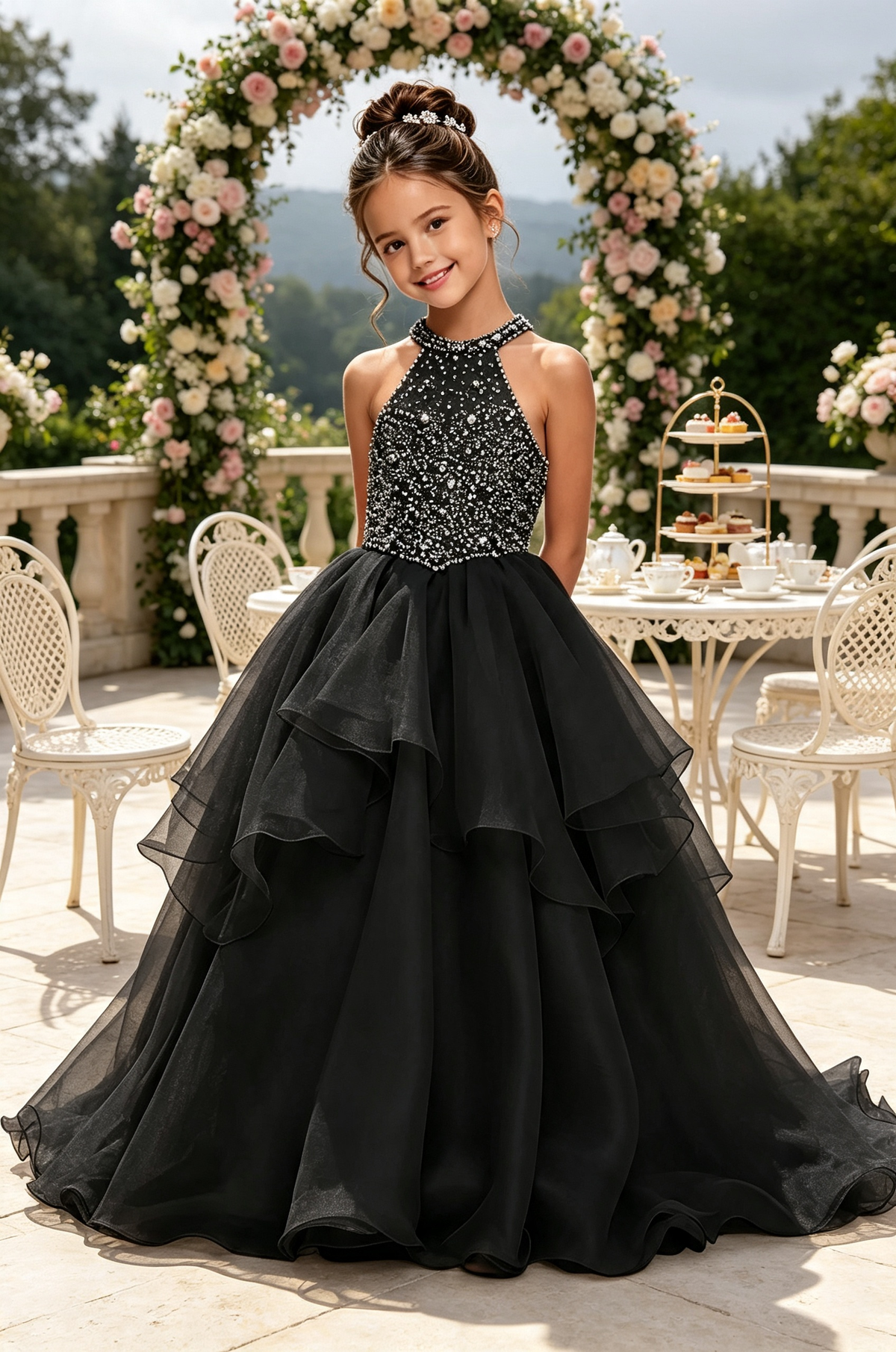 Sky‑Blue Halter Neck Rhinestone Organza A‑Line Pageant Gown for Girls