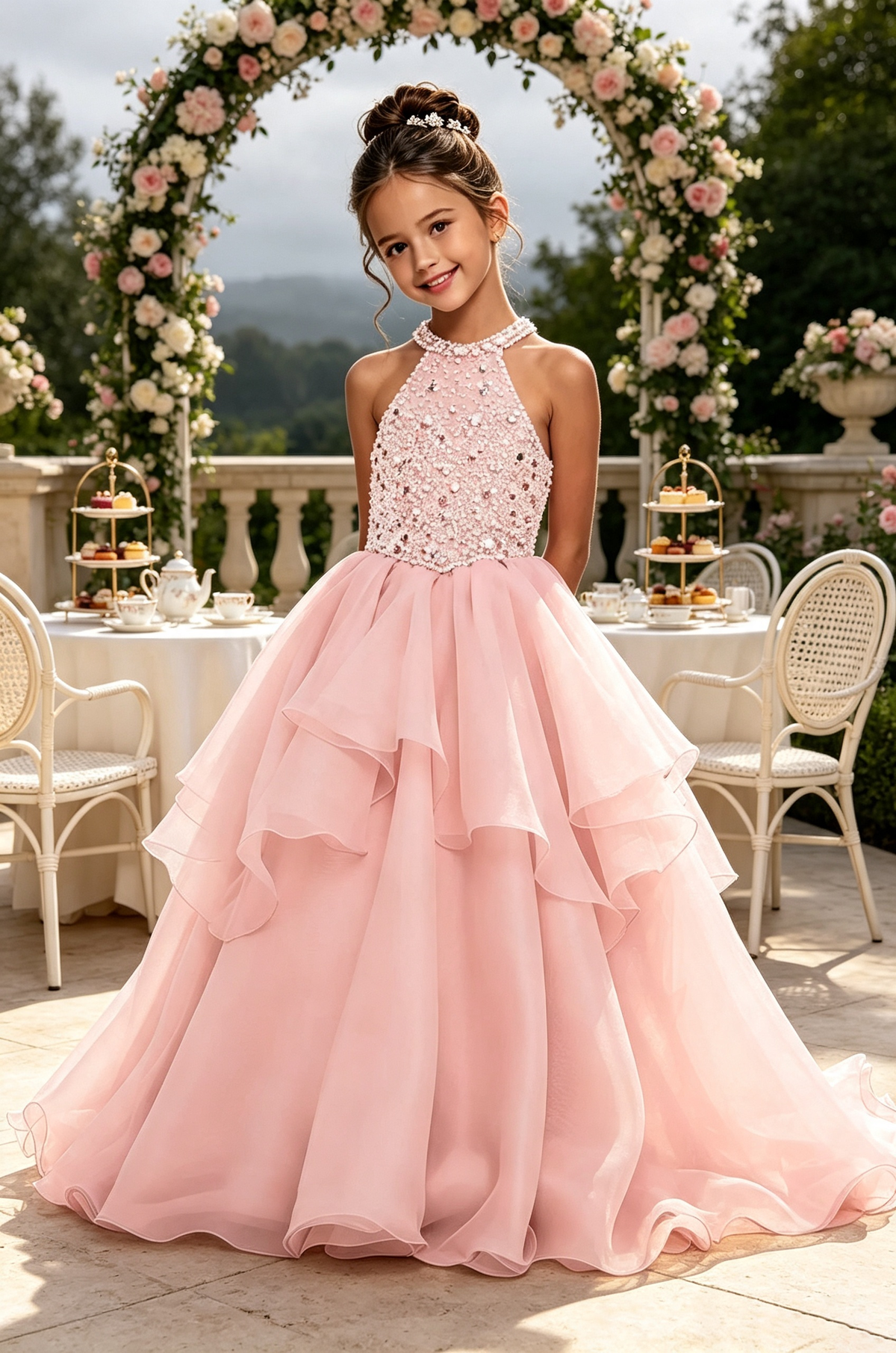 Sky‑Blue Halter Neck Rhinestone Organza A‑Line Pageant Gown for Girls