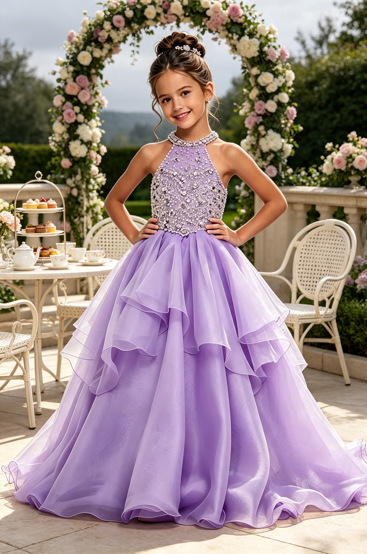 Sky‑Blue Halter Neck Rhinestone Organza A‑Line Pageant Gown for Girls