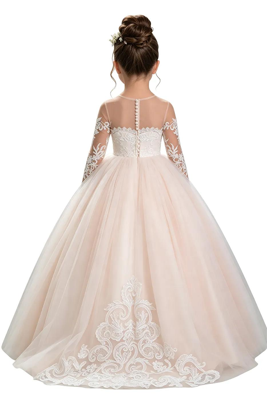 Blush Lace Tulle Long‑Sleeve A‑Line Communion Gown for Girls